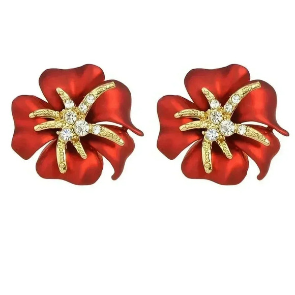 Satin Festive Red Enamel Tropical Flower Stud Earrings with Crystal Accents - Picture 2 of 2